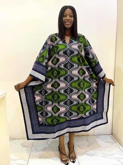 Olive green and blush pink ankara midi dress with vibrant aso oke detail