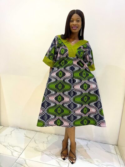 Vibrant multicolor luxe print midi-length ankara dress with elegant aso oke detail