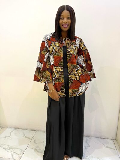 Wide leg black trouser with a bold statement Ankara stoned cape jacket