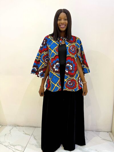 Wide legs black suede trouser style with a bold statement Ankara stoned cape jacket