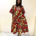 Vibrant green & orange luxe print midi-length ankara dress with elegant aso oke detail