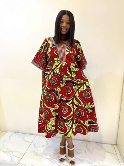 Vibrant green & orange luxe print midi-length ankara dress with elegant aso oke detail
