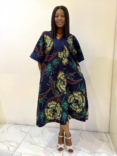 Vibrant navy blue & teal luxe print midi-length ankara dress with elegant aso oke detail