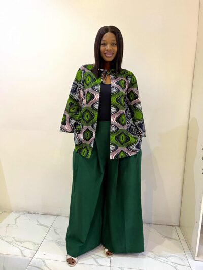 Wide legs emerald green trouser with a bold statement Ankara stoned cape jacket