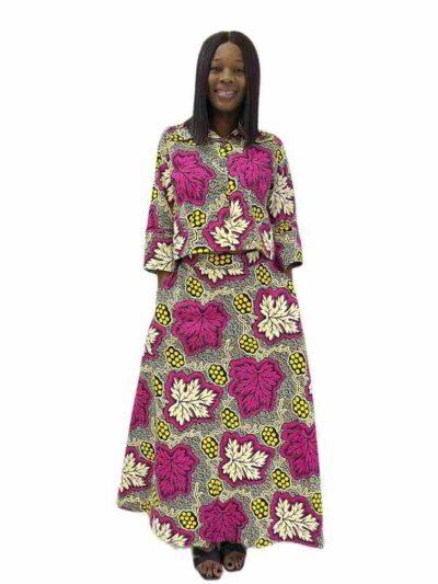 Black pink and yellow ankara print 2-piece long skirt and crop top with botton