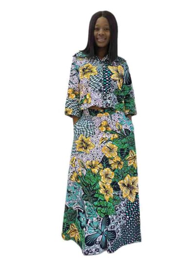 Lilac green and yellow ankara print 2-piece long skirt and crop top with botton