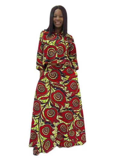 Green and red ankara print 2-piece long skirt and crop top with botton