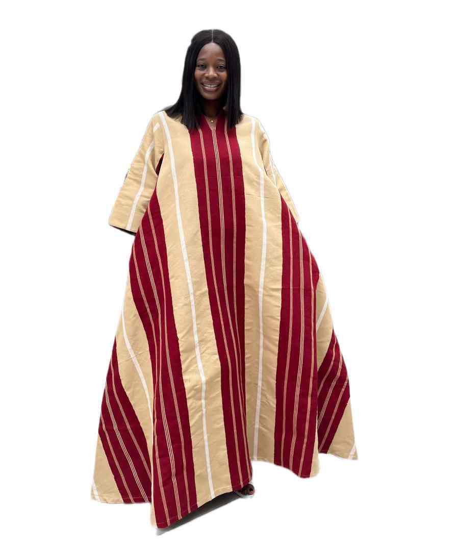 Beige wine and white Aso oke maxi collar dress with split short sleeves - Image 2