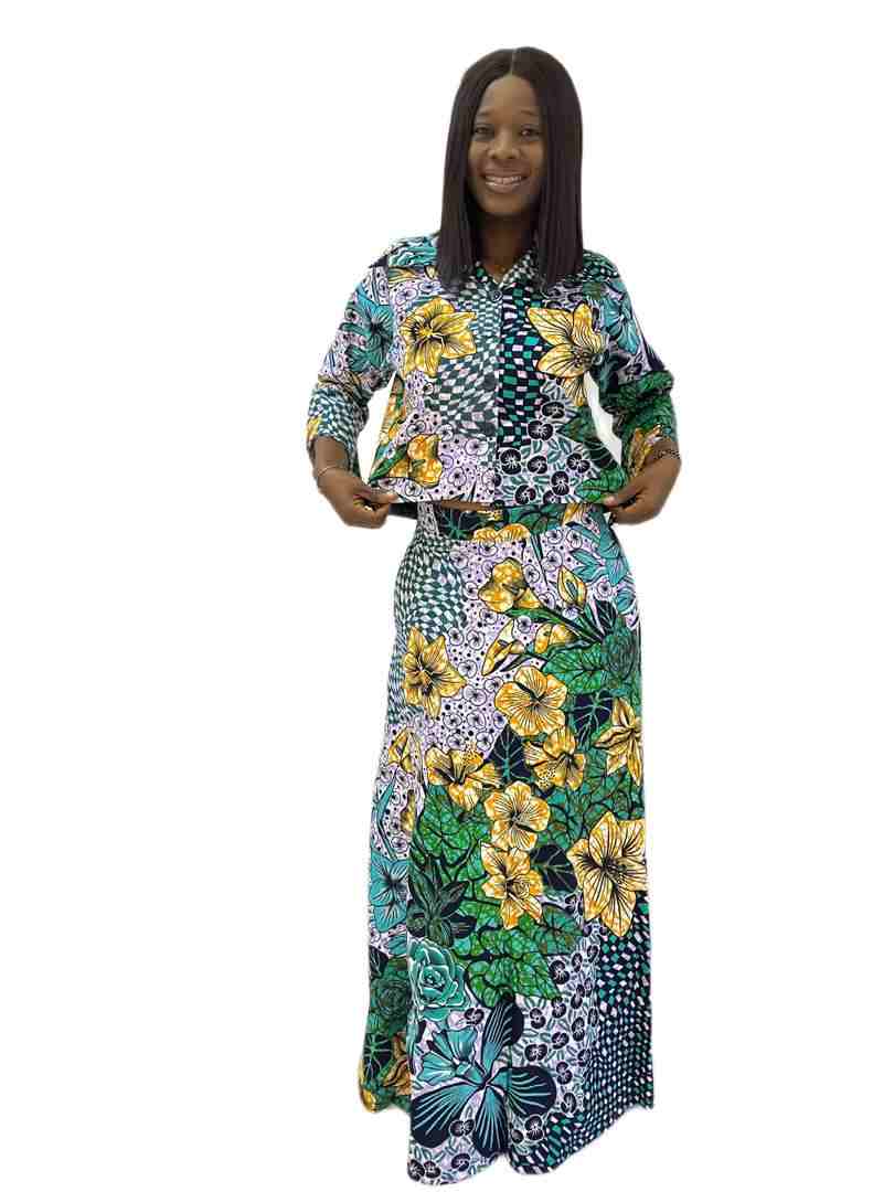Lilac green and yellow ankara print 2-piece long skirt and crop top with botton - Image 2