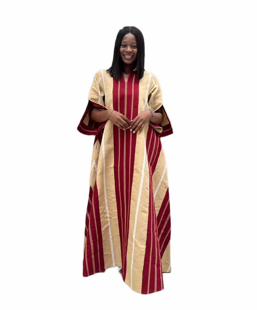 Beige wine and white Aso oke maxi collar dress with split short sleeves