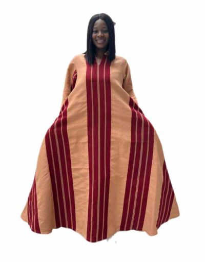 Peach and wine Aso oke maxi collar dress with split short sleeves