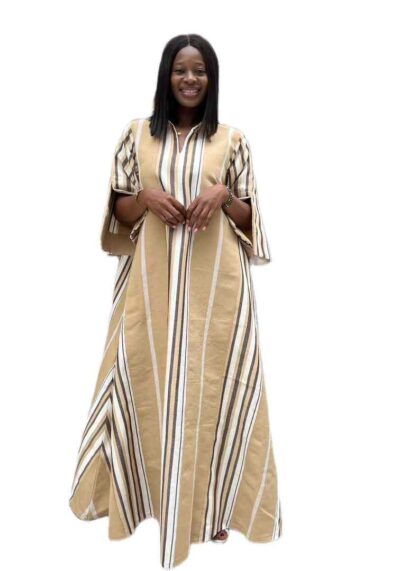 Beige brown and white Aso oke maxi collar dress with split short sleeves