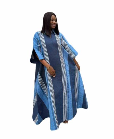 Navy blue sky blue and white Aso oke maxi collar dress with split short sleeves