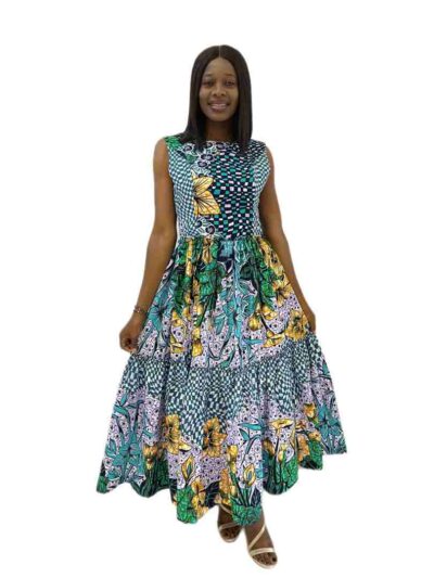 Lilac green and yelow ankara print fit and flare maxi dress with 2 steps gathers