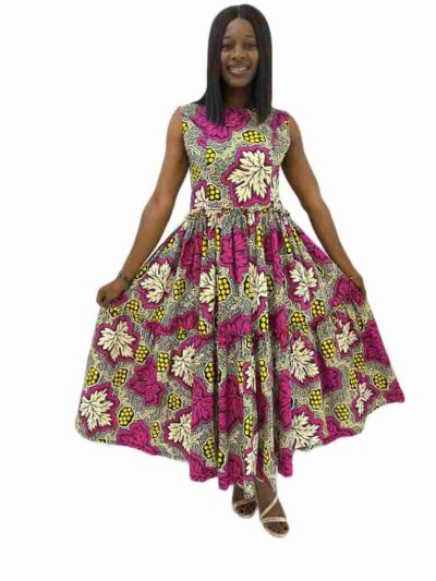 Black pink and yellow ankara print fit and flare maxi dress with 2 steps gathers