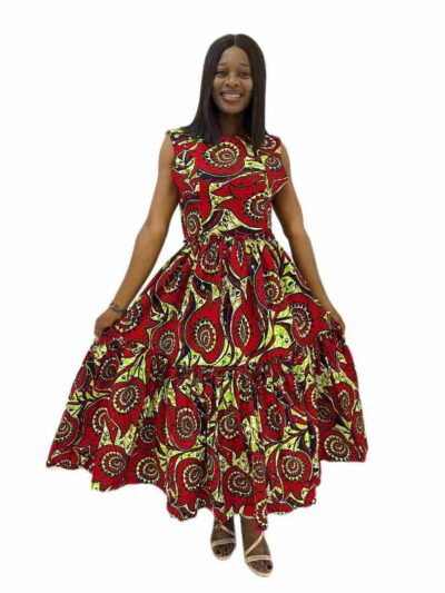 Green and red ankara print fit and flare maxi dress with 2 steps gathers