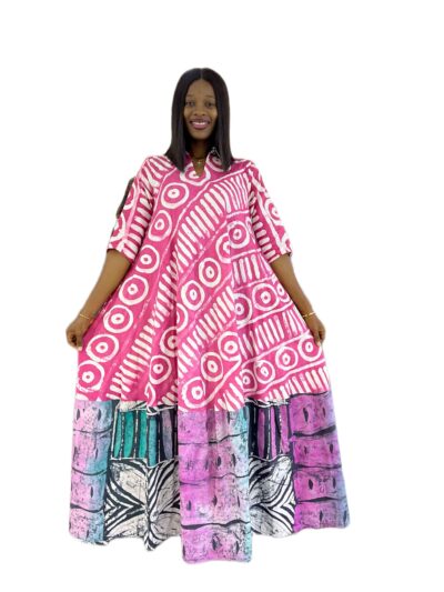 pink and white adire mix and match collar maxi