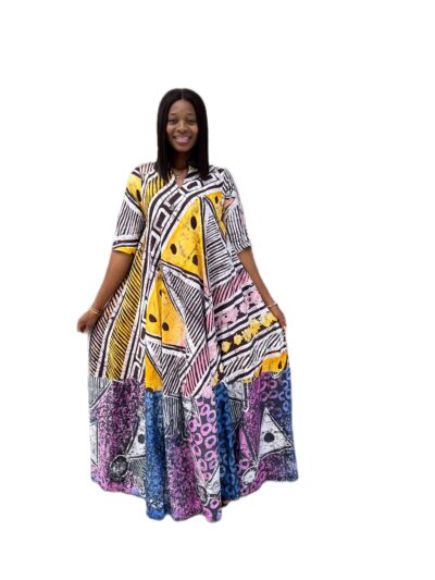 Yellow white and brown adire mix and match collar maxi