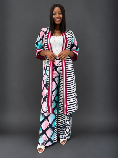 Long pink white and black adire kimono pants with aso-oke trimmings