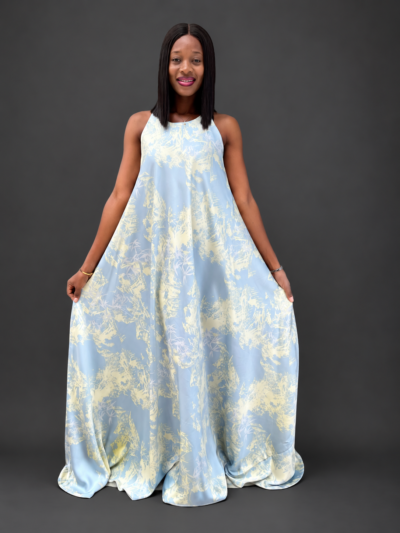 Cream and sky blue satin sleeveless maxi