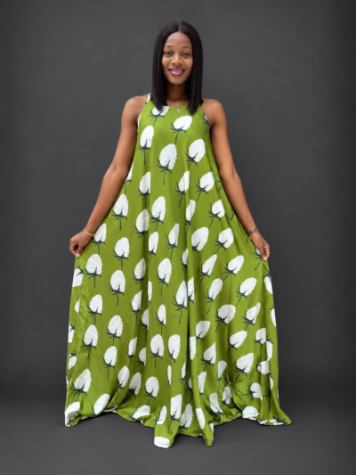 Green and white satin sleeveless maxi