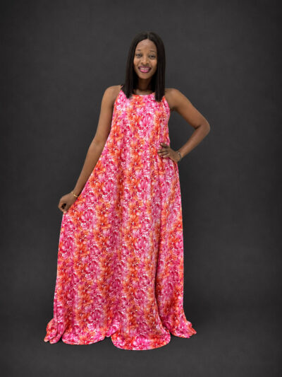 Orange and pink satin sleeveless maxi