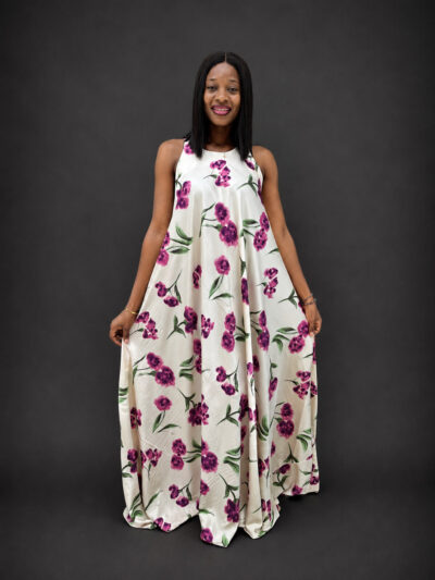 Cream pink and green satin sleeveless maxi