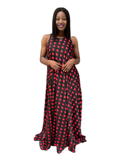 Red and black satin sleeveless maxi