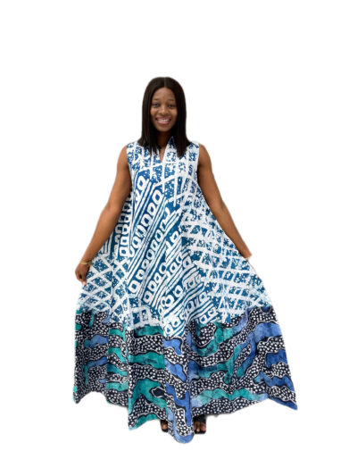 Sky blue and white adire mix and match sleeveless maxi