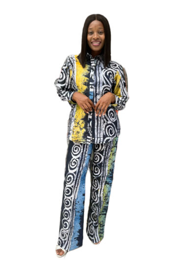 Yellow blue and black adire shirt & pant