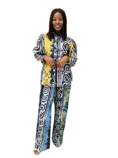 Yellow blue and black adire shirt & pant