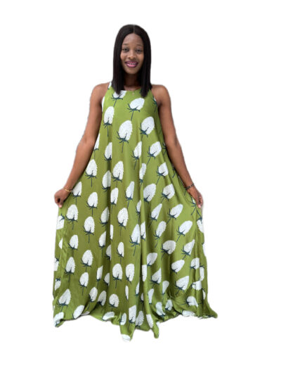 Green and white satin sleeveless maxi