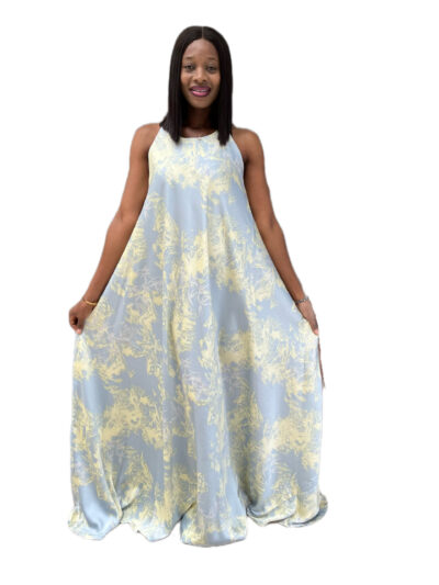 Crean and sky blue satin sleeveless maxi