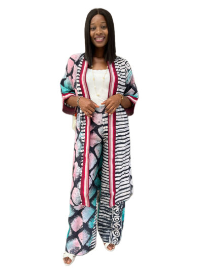 Long pink white and black adire kimono pants with aso-oke trimmings