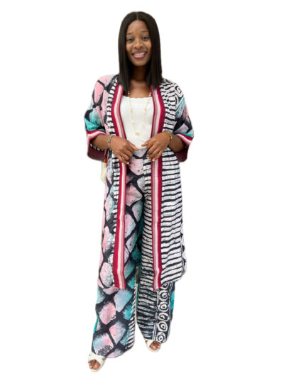 Long pink white and black adire kimono pants with aso-oke trimmings
