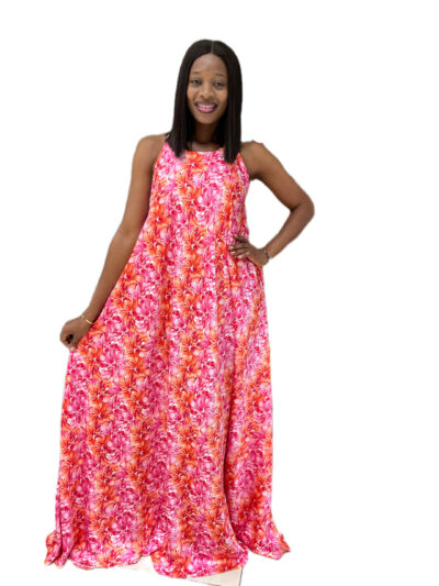 Orange and pink satin sleeveless maxi