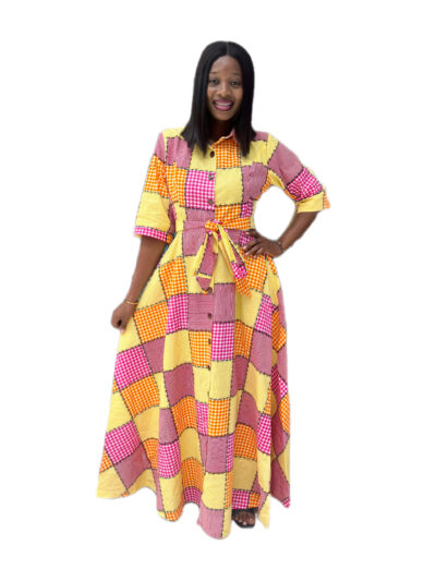 Yellow and pink ankara check print flowing shirt dress