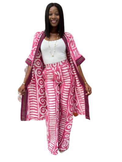Long pink and white adire kimono pants with aso-oke trimmings