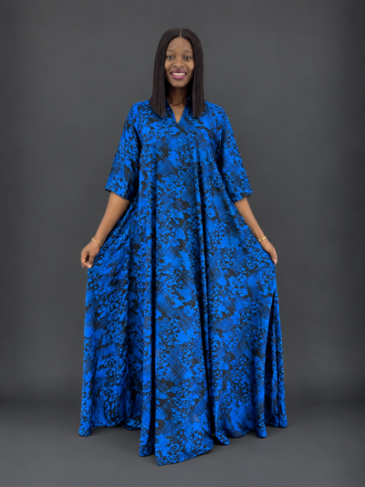 Royal blue and black satin collar maxi dress