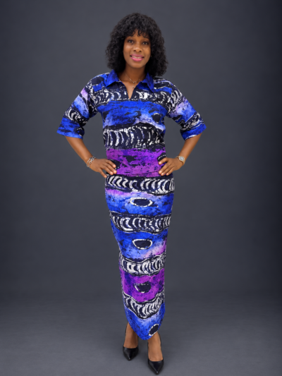 Purple black and royal blue adire crop top with straight midi skirt