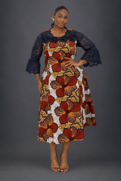 Burnt orange gold and white ankara print dress with lace mix