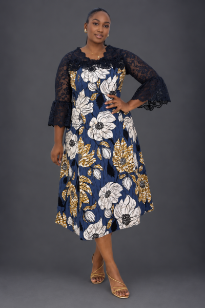 Grey gold and white ankara print dress with lace mix