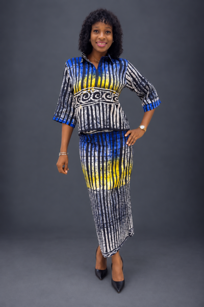 Royal blue yellow and black adire crop top and straight midi skirt