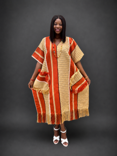Beige white and orange frayed onjawu aso-oke midi dress