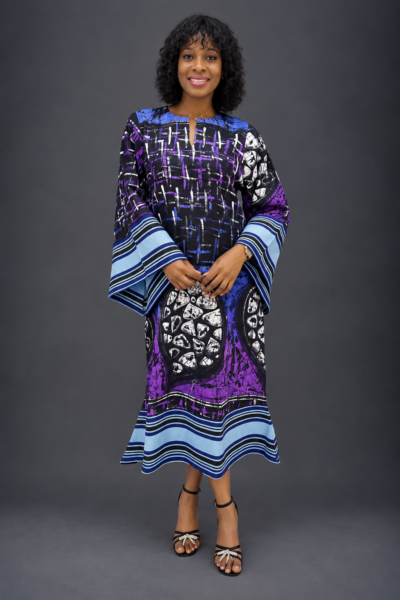 Royal blue purple and black adire and aso-oke midi dress