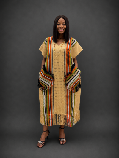 Beige orange and olive frayed onjawu aso-oke midi dress