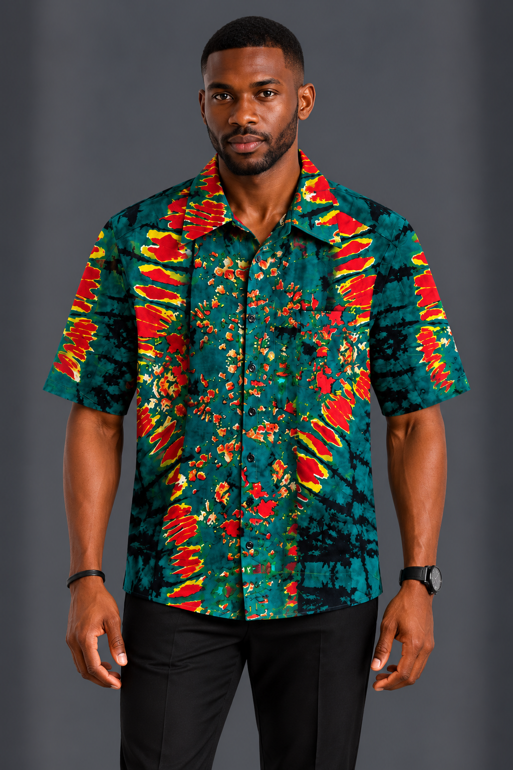 Emerald green and red adire men shirt
