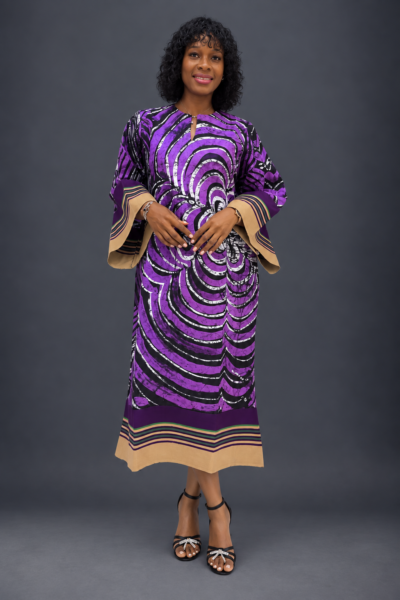 Purple black and white adire and aso-oke midi dress