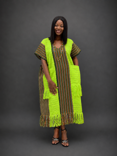 Lemon and multicolor frayed onjawu aso-oke midi dress