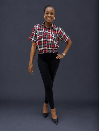 Red black and white crop check shirt